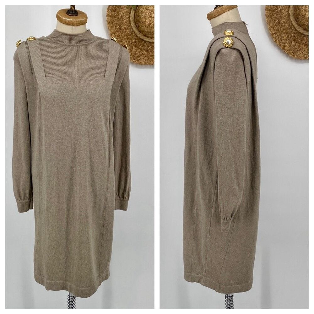 Vintage Antonella Preve New York M Santana Knit Midi Dress Embellished Beige 80s